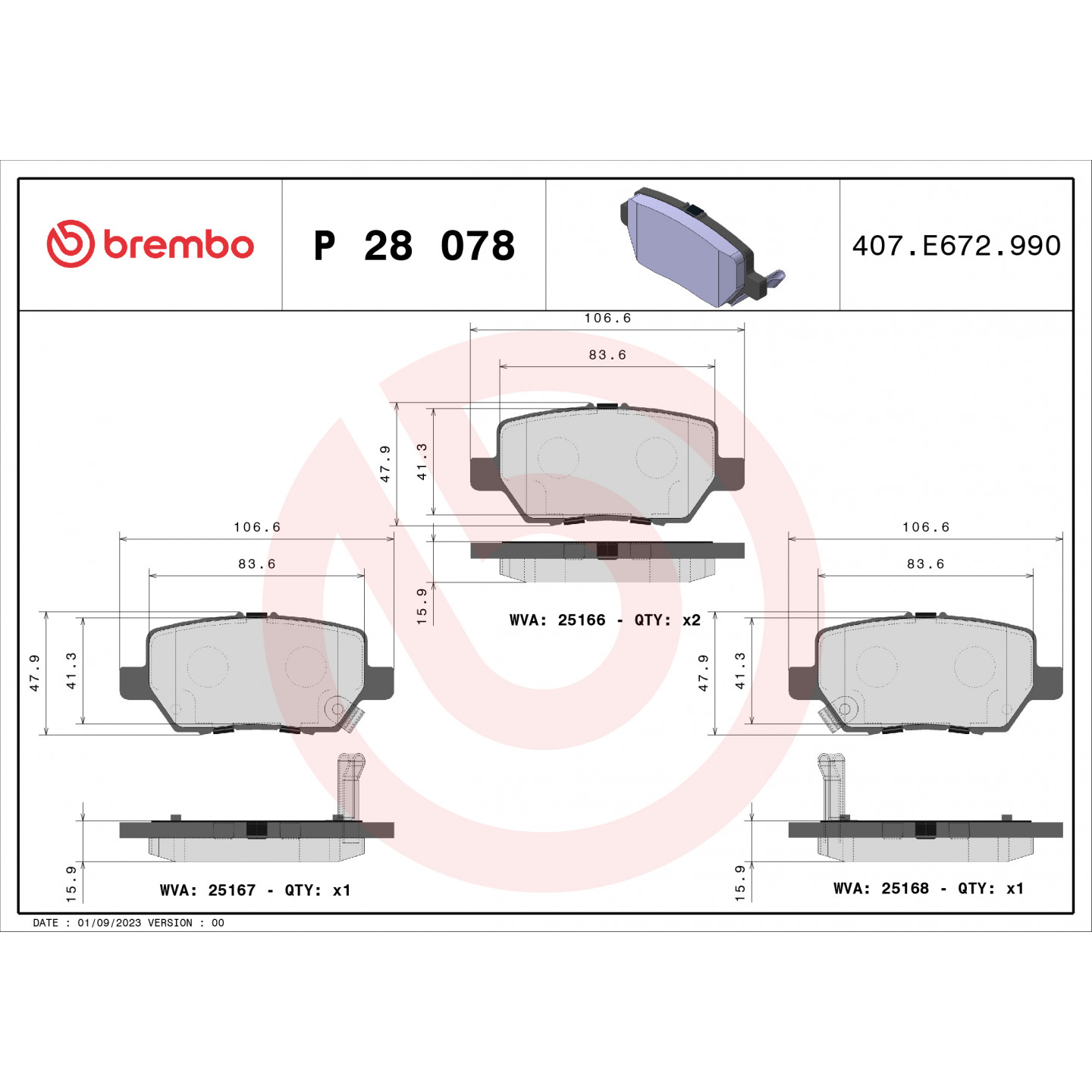 Sada brzdových destiček, kotoučová brzda BREMBO P 28 078