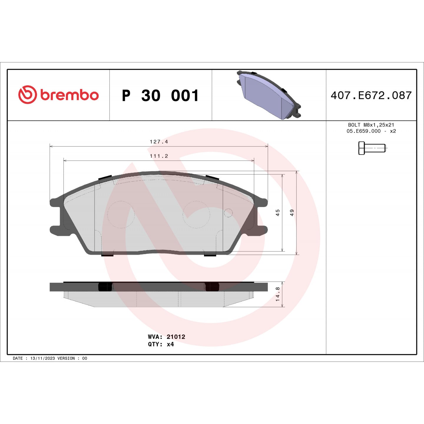 Sada brzdových destiček, kotoučová brzda BREMBO P 30 001