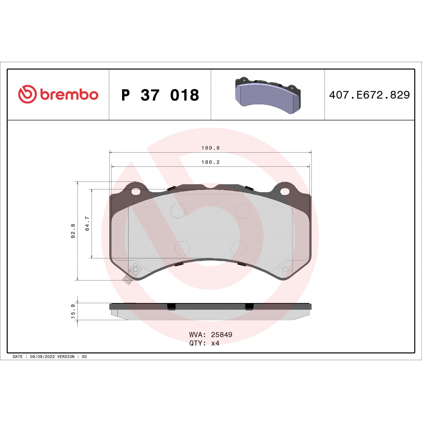 Brake Pad Set, disc brake BREMBO P 37 018 - Trodo.com
