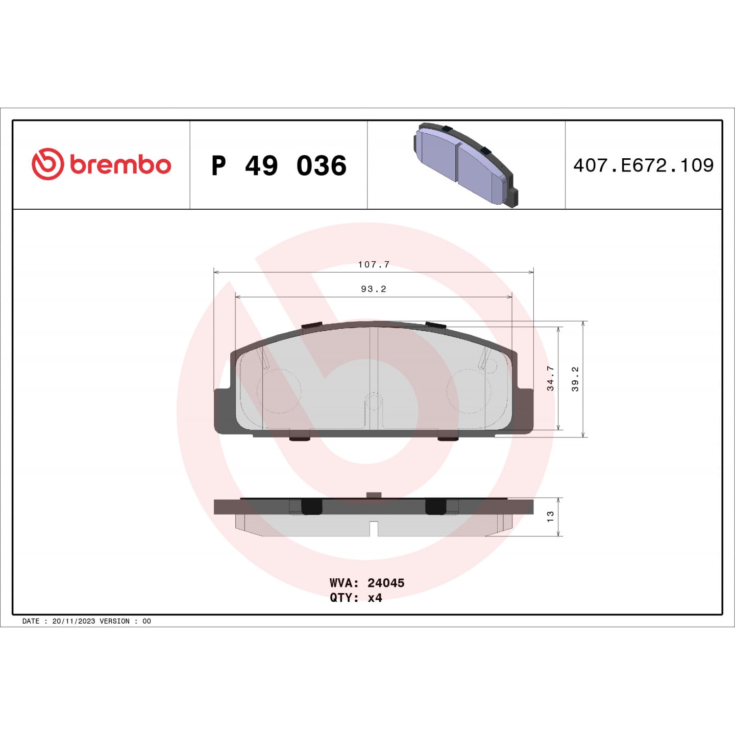 Zestaw klocków hamulcowych, hamulce tarczowe BREMBO P 49 036