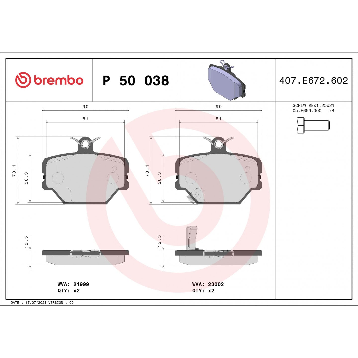 Sada brzdových destiček, kotoučová brzda BREMBO P 50 038