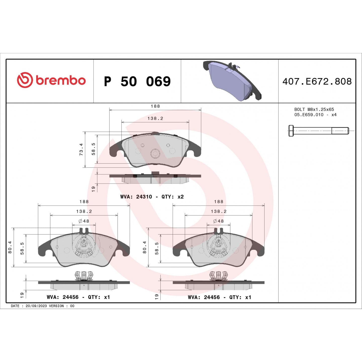 Sada brzdových destiček, kotoučová brzda BREMBO P 50 069X