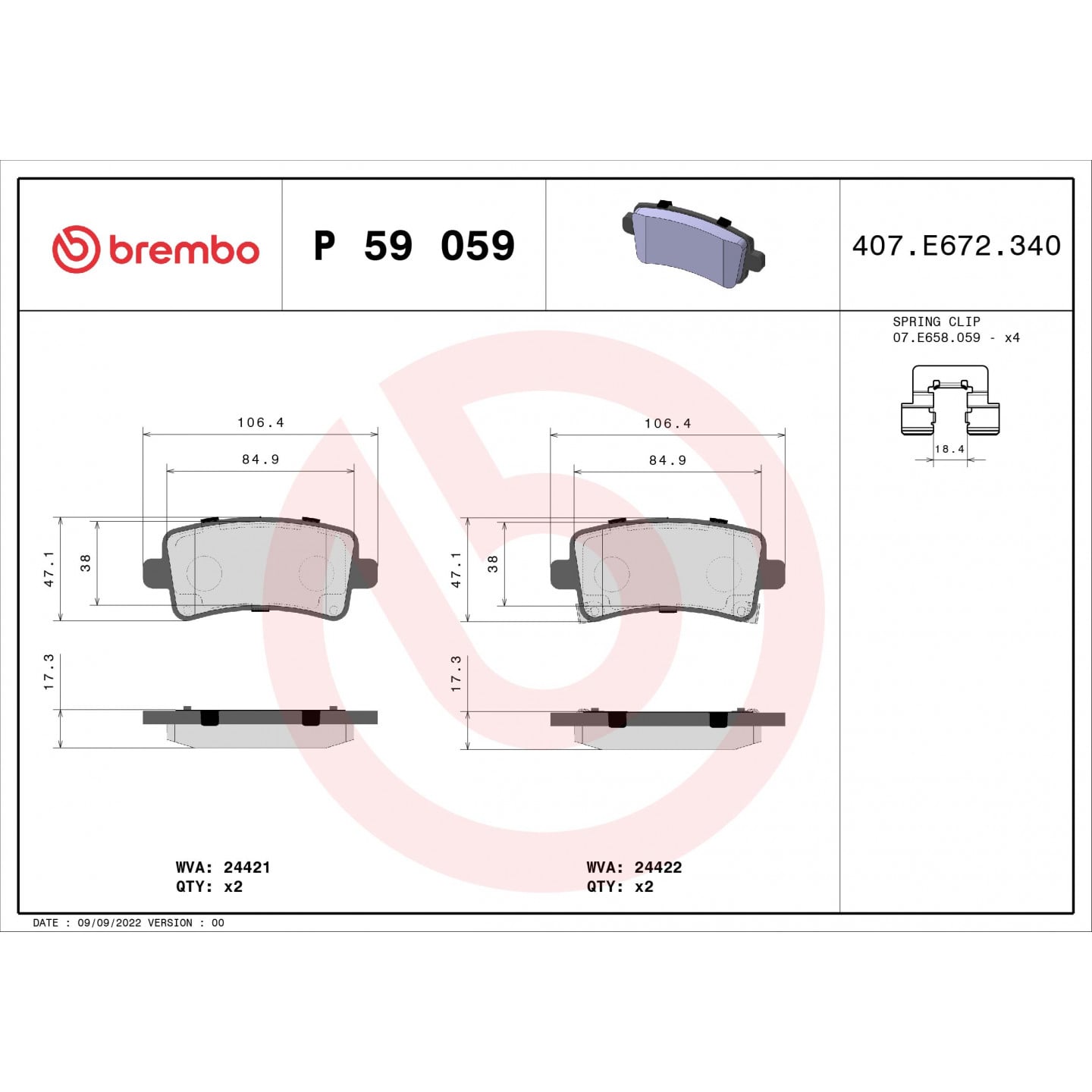 Sada brzdových destiček, kotoučová brzda BREMBO P 59 059