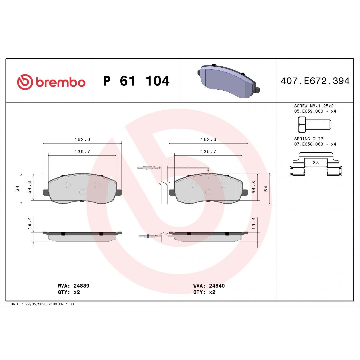 Sada brzdových destiček, kotoučová brzda BREMBO P 61 104