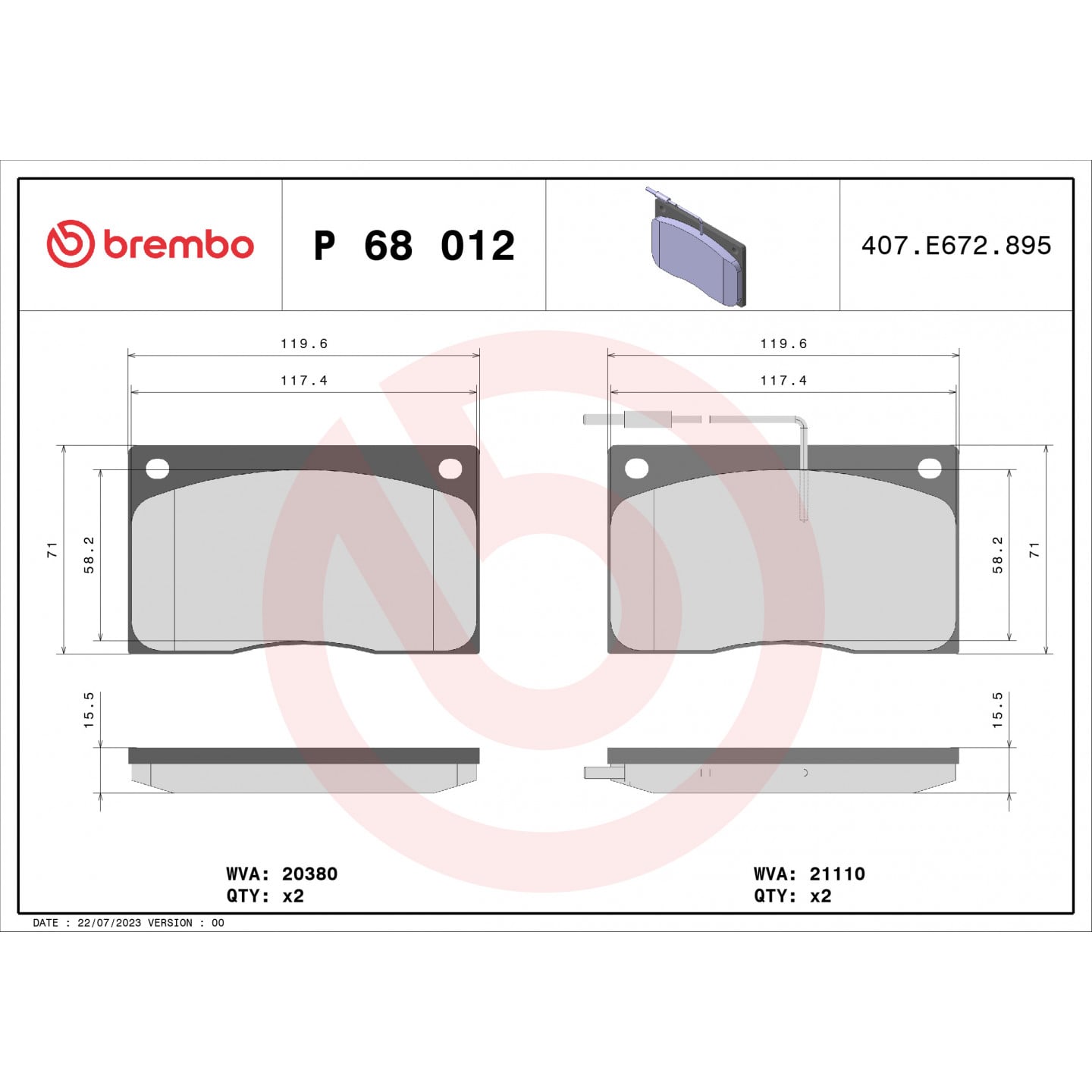 Sada brzdových destiček, kotoučová brzda BREMBO P 68 012