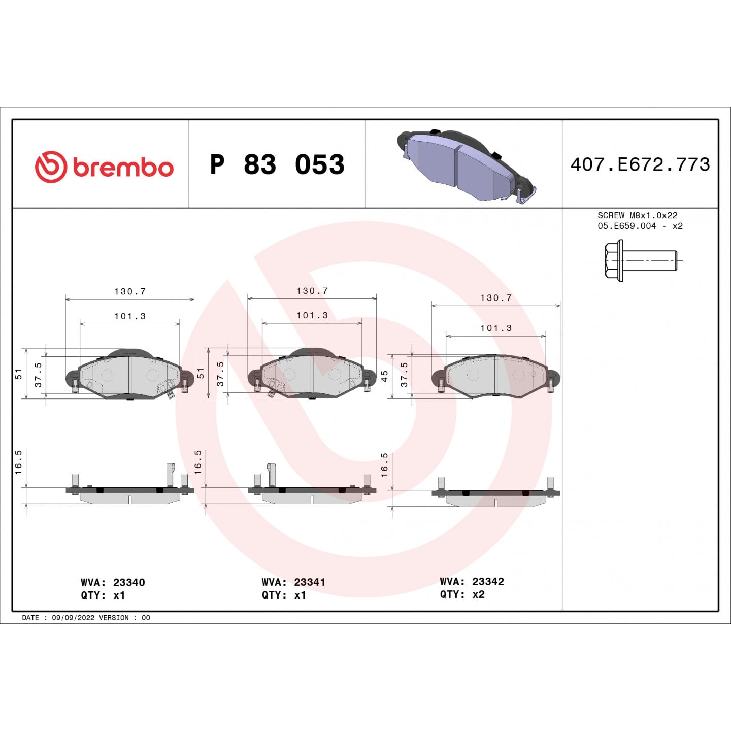 Sada brzdových destiček, kotoučová brzda BREMBO P 83 053