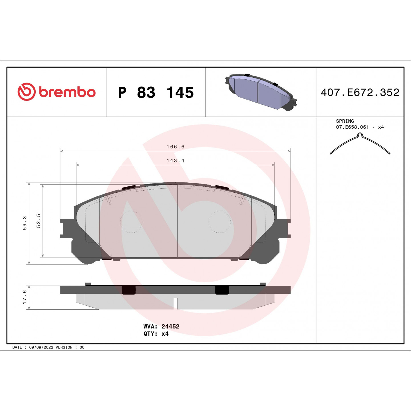 Sada brzdových destiček, kotoučová brzda BREMBO P 83 145