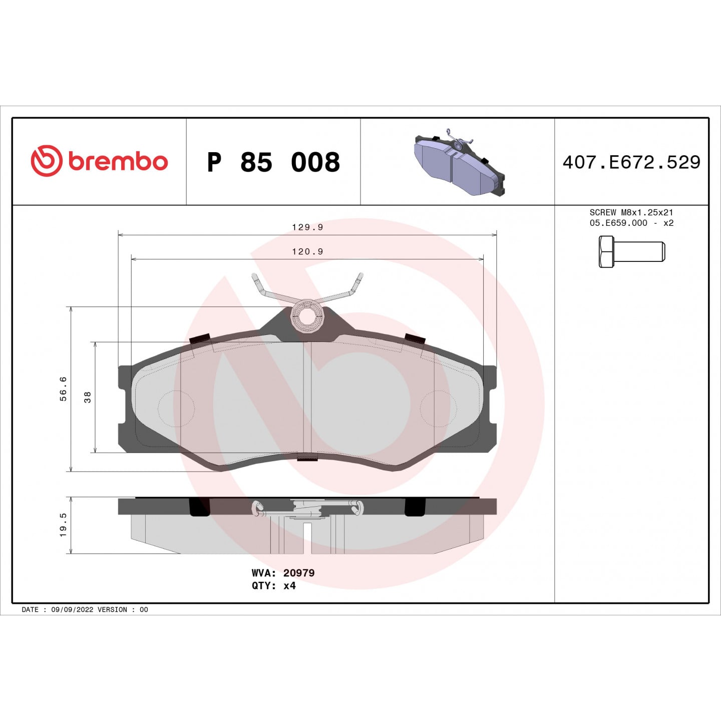 Sada brzdových destiček, kotoučová brzda BREMBO P 85 008