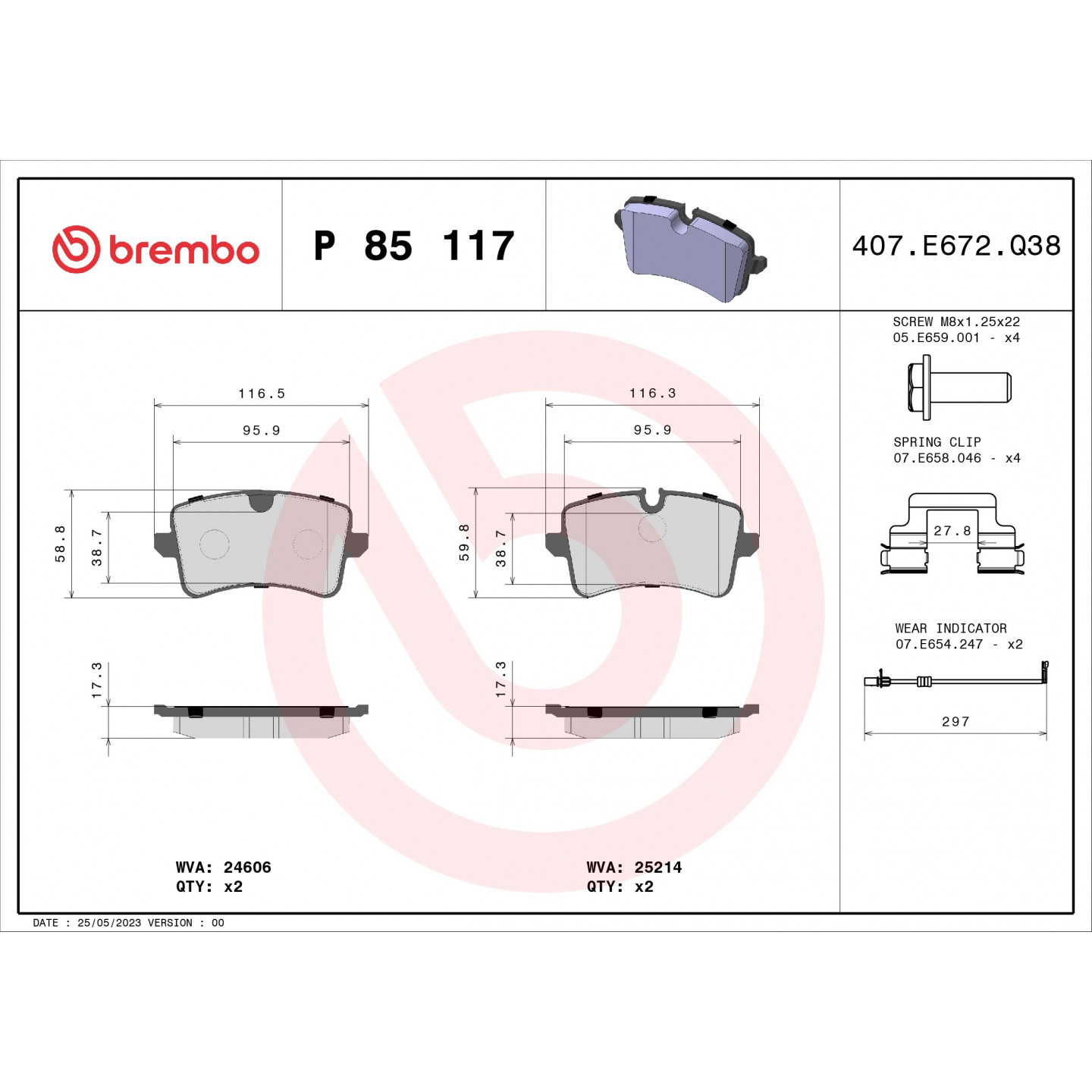 Sada brzdových destiček, kotoučová brzda BREMBO P 85 117