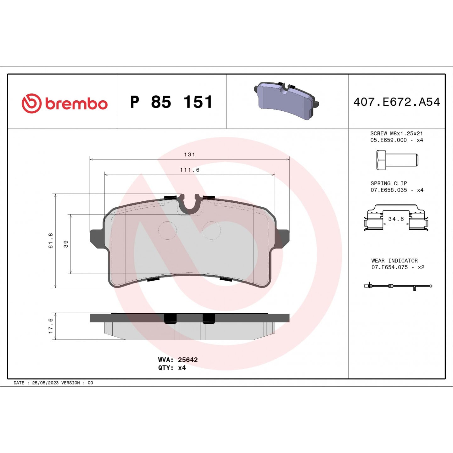 Sada brzdových destiček, kotoučová brzda BREMBO P 85 151