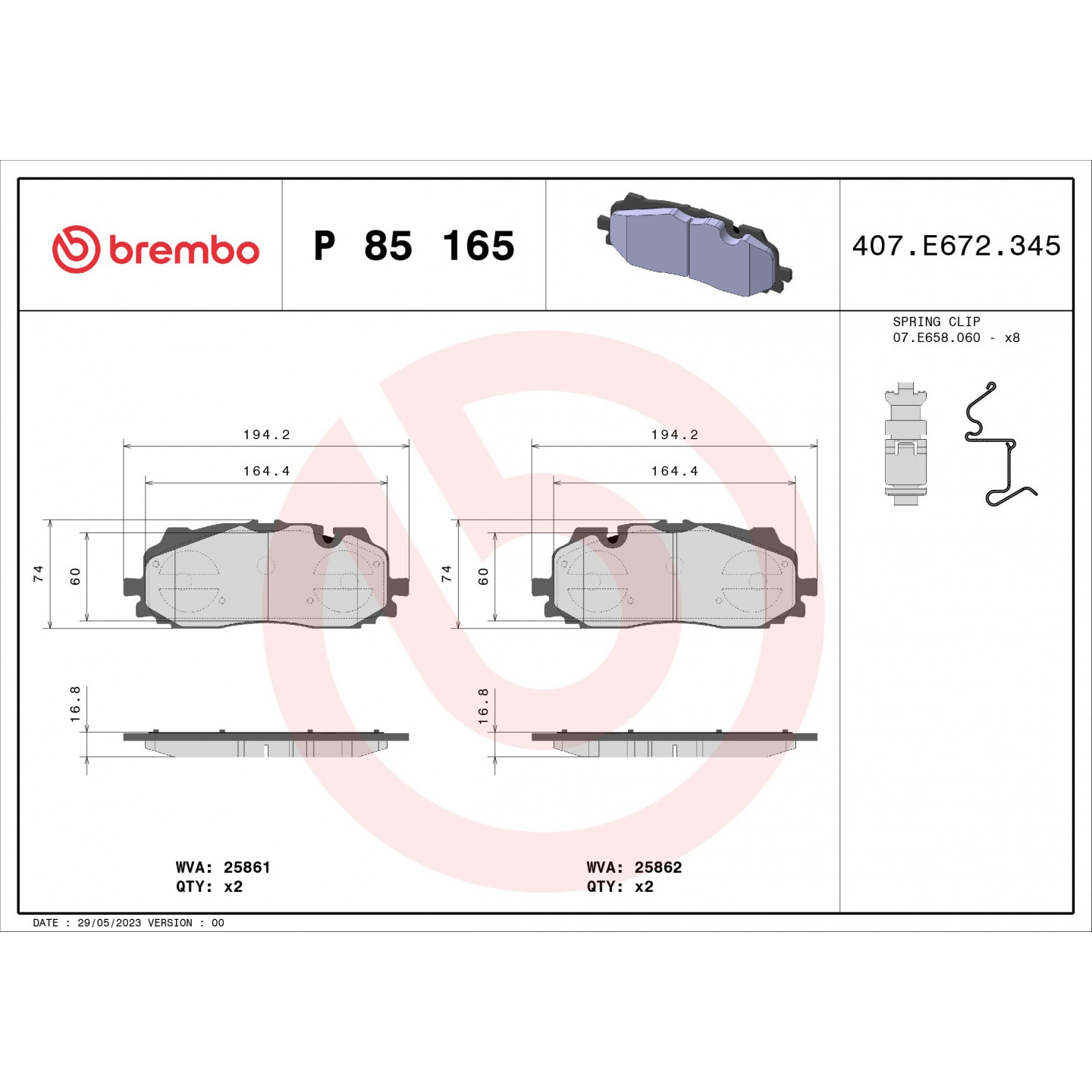 Sada brzdových destiček, kotoučová brzda BREMBO P 85 165X