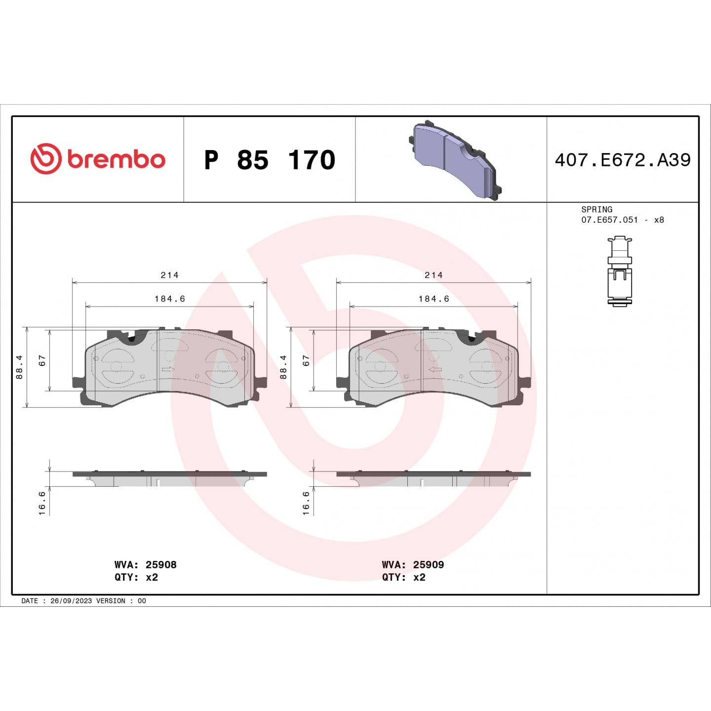 Sada brzdových destiček, kotoučová brzda BREMBO P 85 170