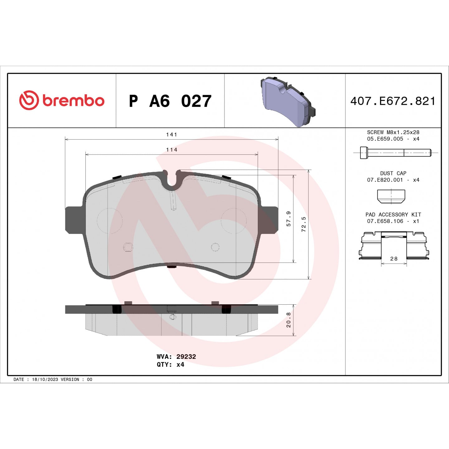 Zestaw klocków hamulcowych, hamulce tarczowe BREMBO P A6 027