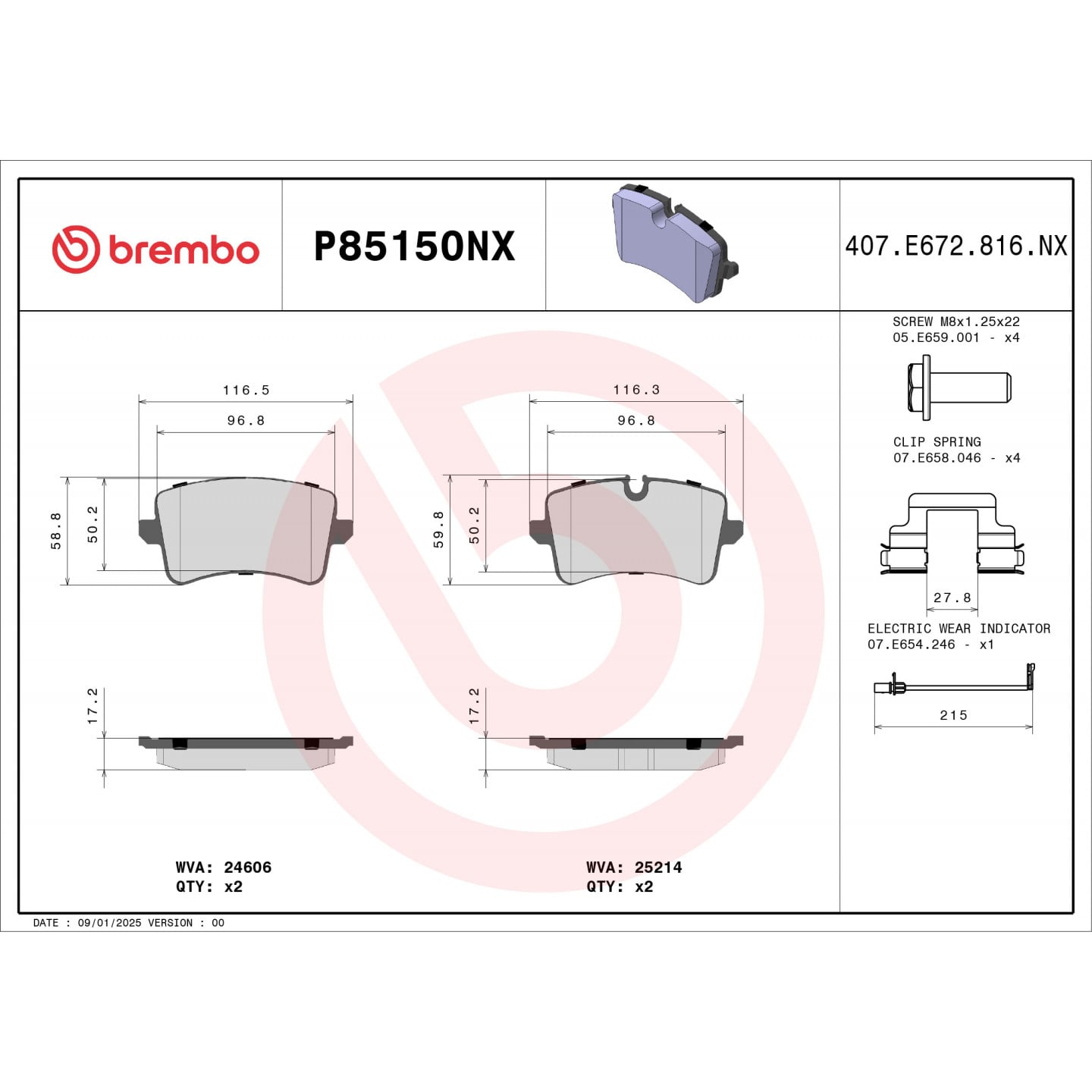 Remblokkenset, schijfrem BREMBO P85150NX