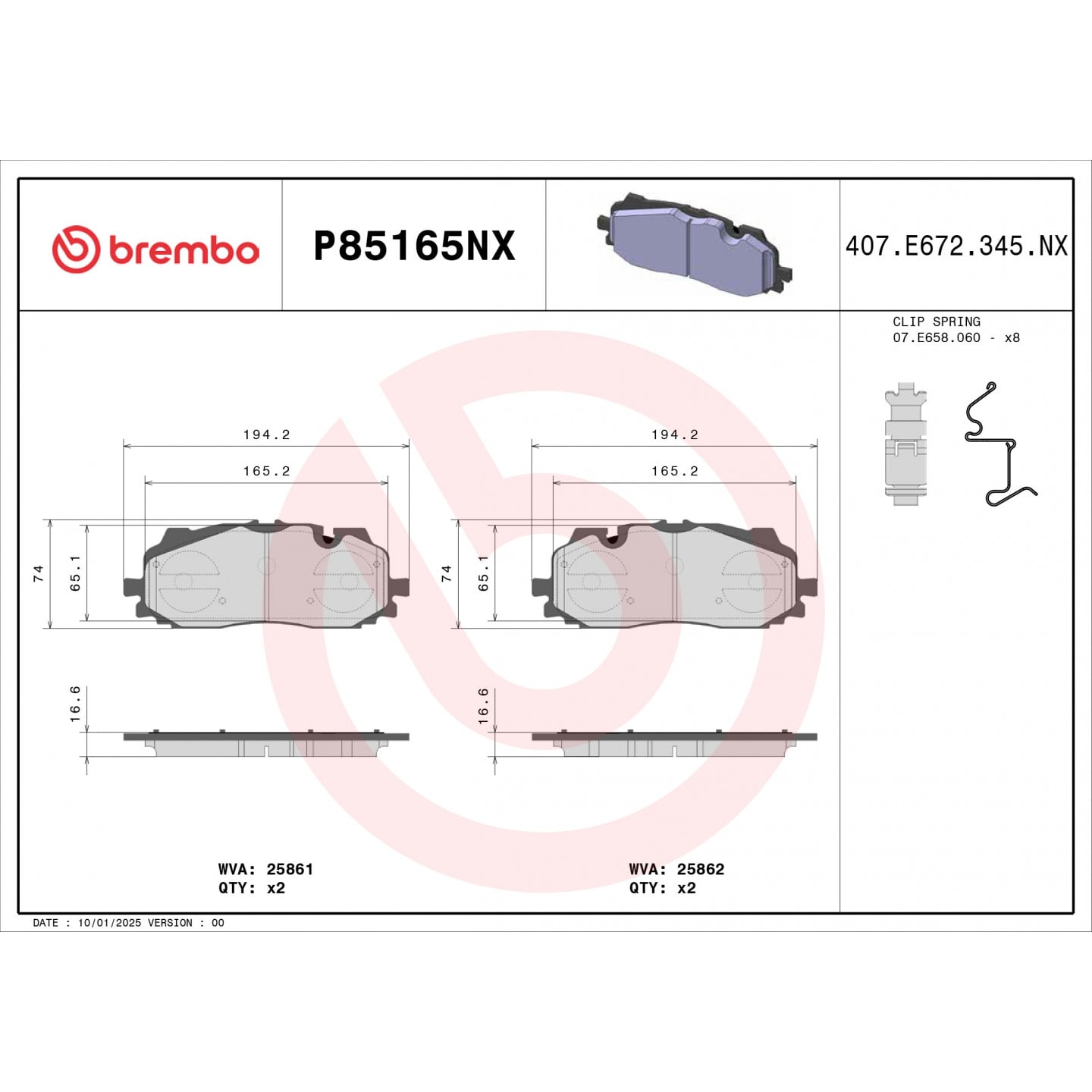 Bremsbelagsatz, Scheibenbremse BREMBO P85165NX