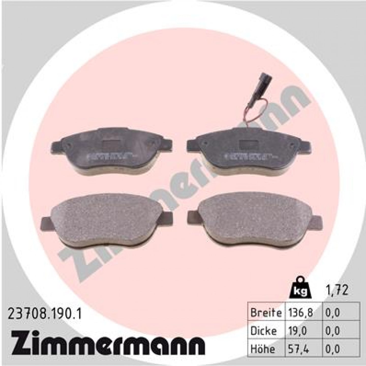 Kit de plaquettes de frein, frein à disque ZIMMERMANN 23708.190.1