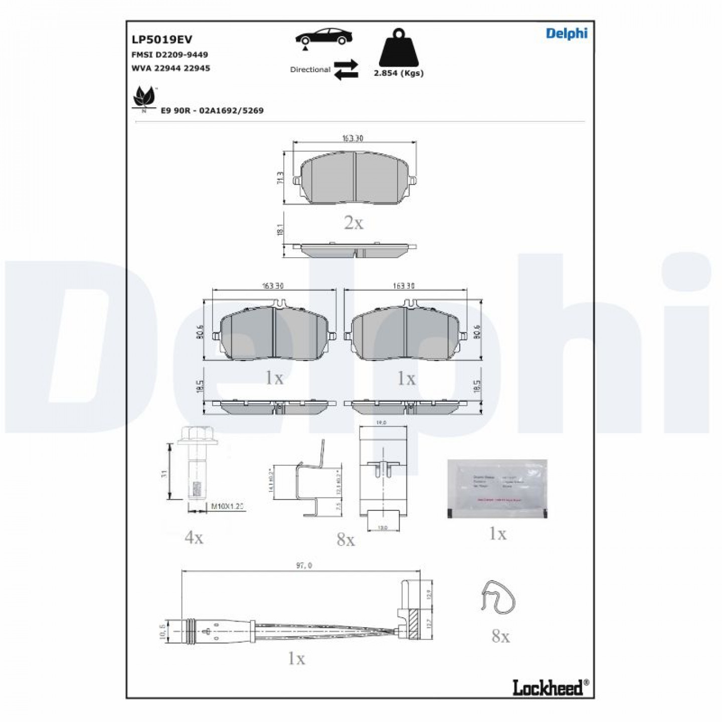 Kit de plaquettes de frein, frein à disque DELPHI LP5019EV