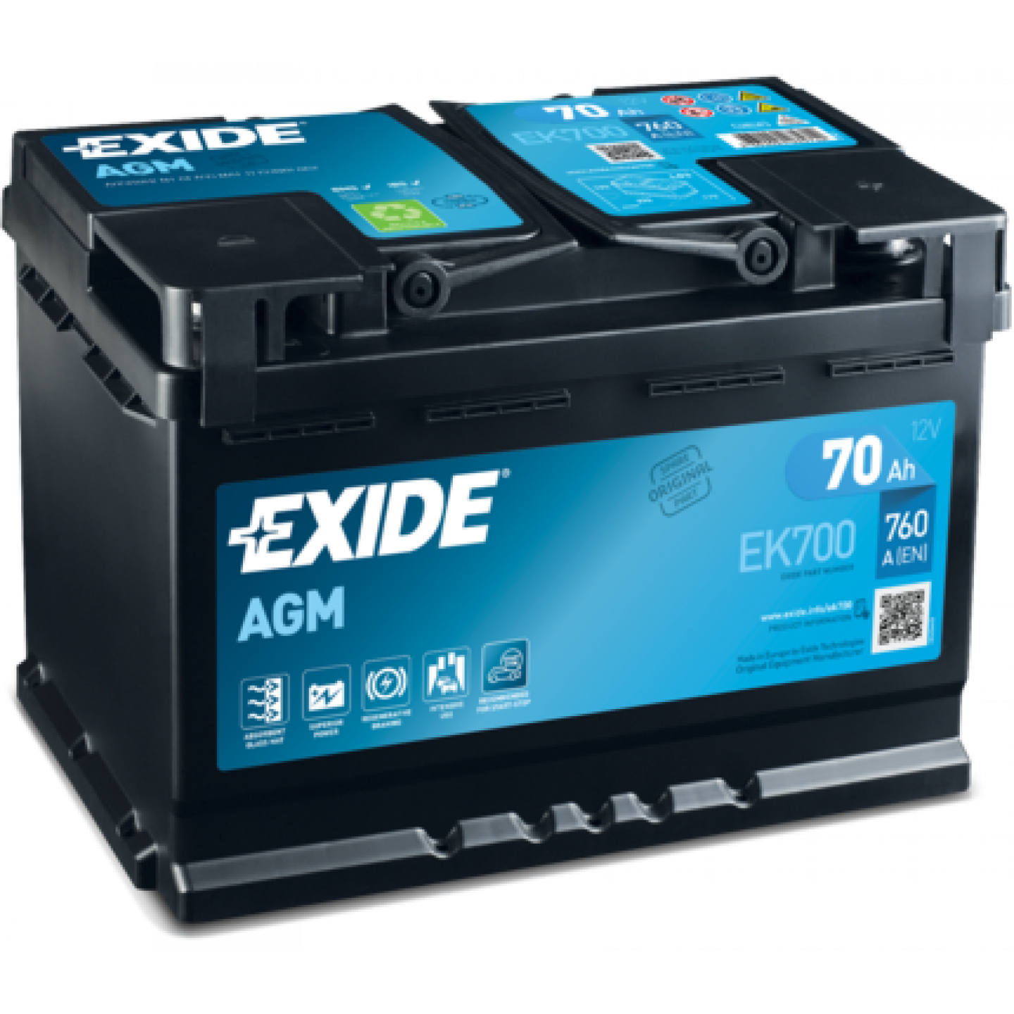 Akumuliatorius EXIDE AGM EK700 70AH 760A - Trodo.lt