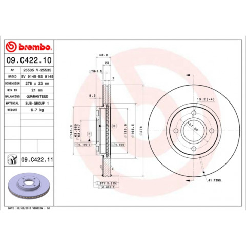 Brembo 09.C422.11 Disco De Freno – Altura 43,9 Mm, Espesor 23 Mm, Calidad Original Para Automóviles