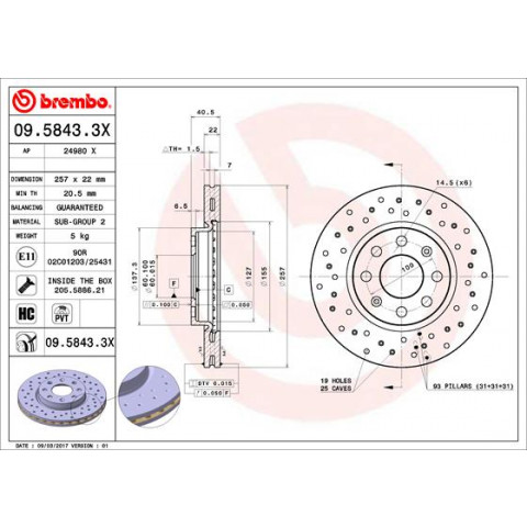 09.5843.3X BREMBO XTRA LINE Disco freno 257x22mm, 4, perforato